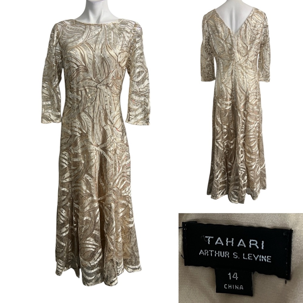 Tahari Gold and Cream Embellished Long Sleeve Evening Gown
